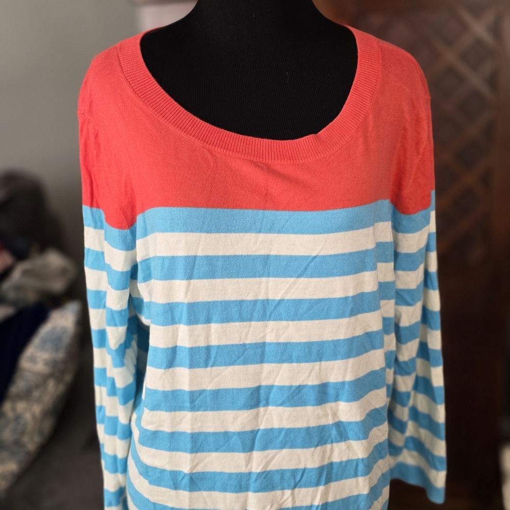 Talbots Coral and Light Blue Striped Long Sleeve Sweater
